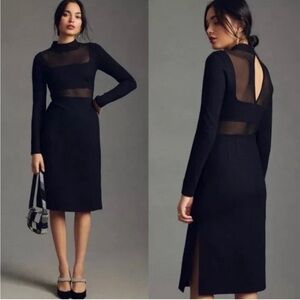 Anthropologie Black Long Sleeve Sheer-Panel Midi Dress